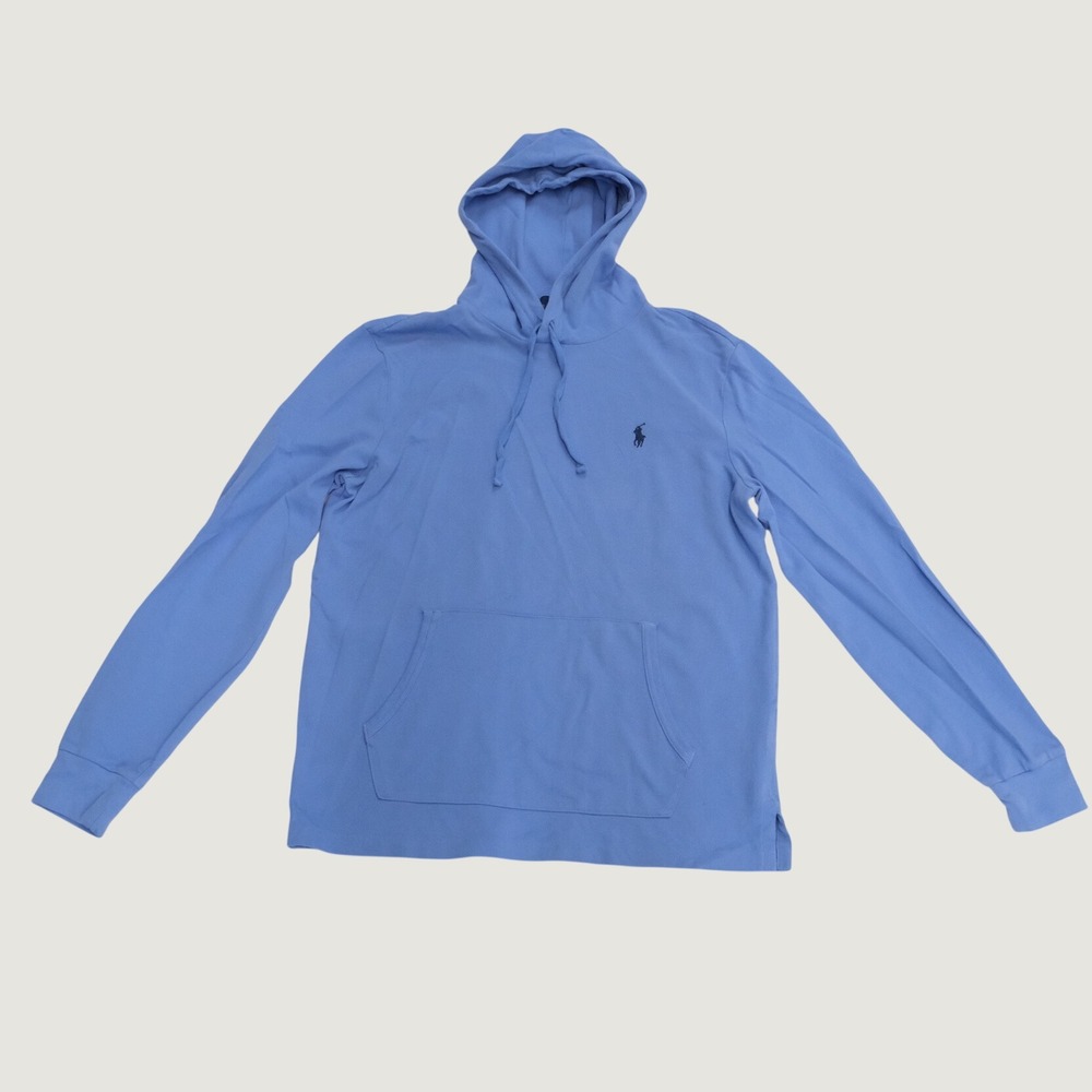 Polo Ralph Lauren Hoodie Mens Blue Pique Knit Preppy Medium Pullover